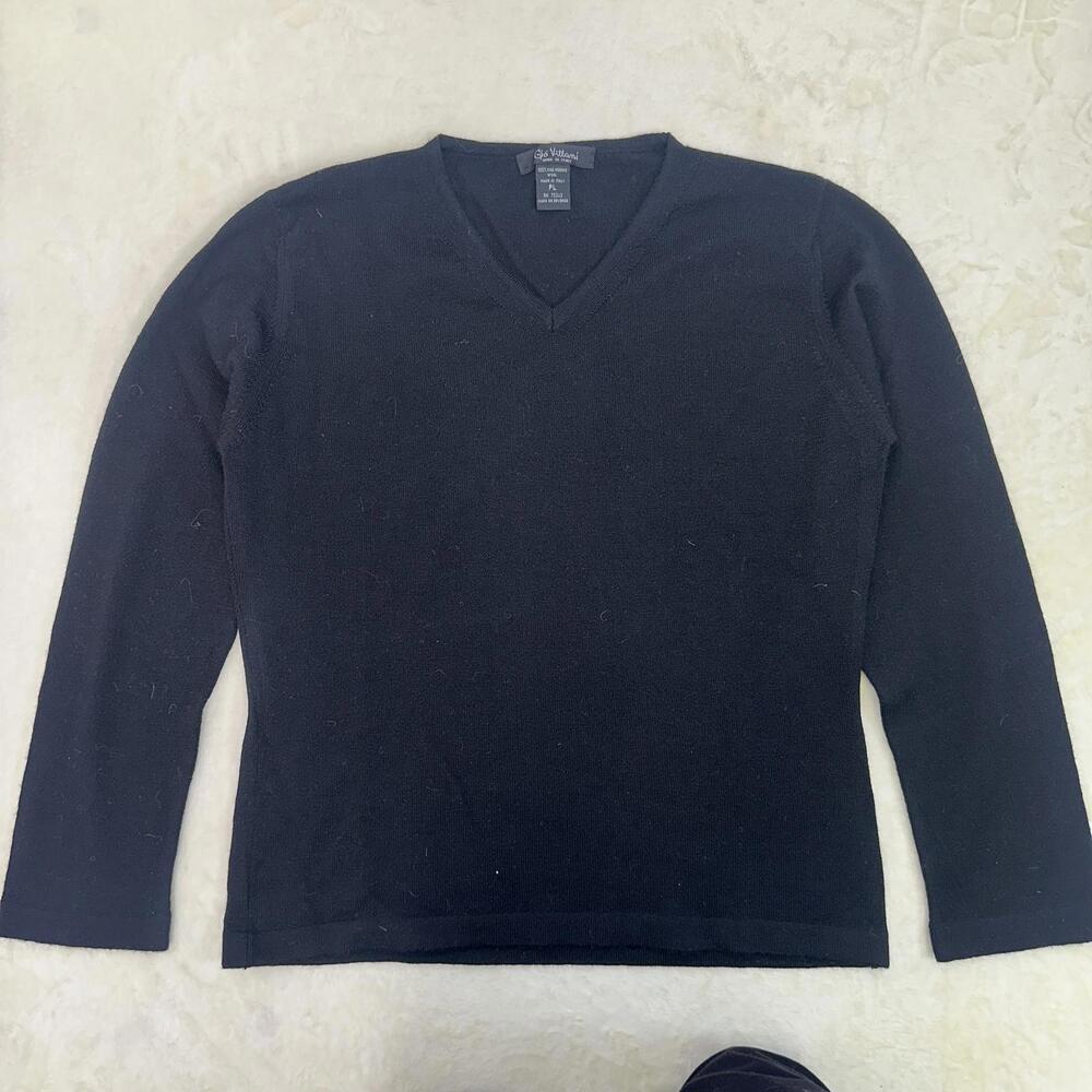 Black Petite L 100% Fine Italian Merino Wool V-Neck Sweater Lightweight Classic